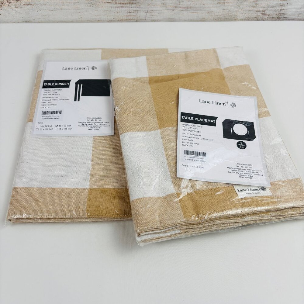 Lane Linen Table Placemats and Runner Checkered Beige White Cotton Blend